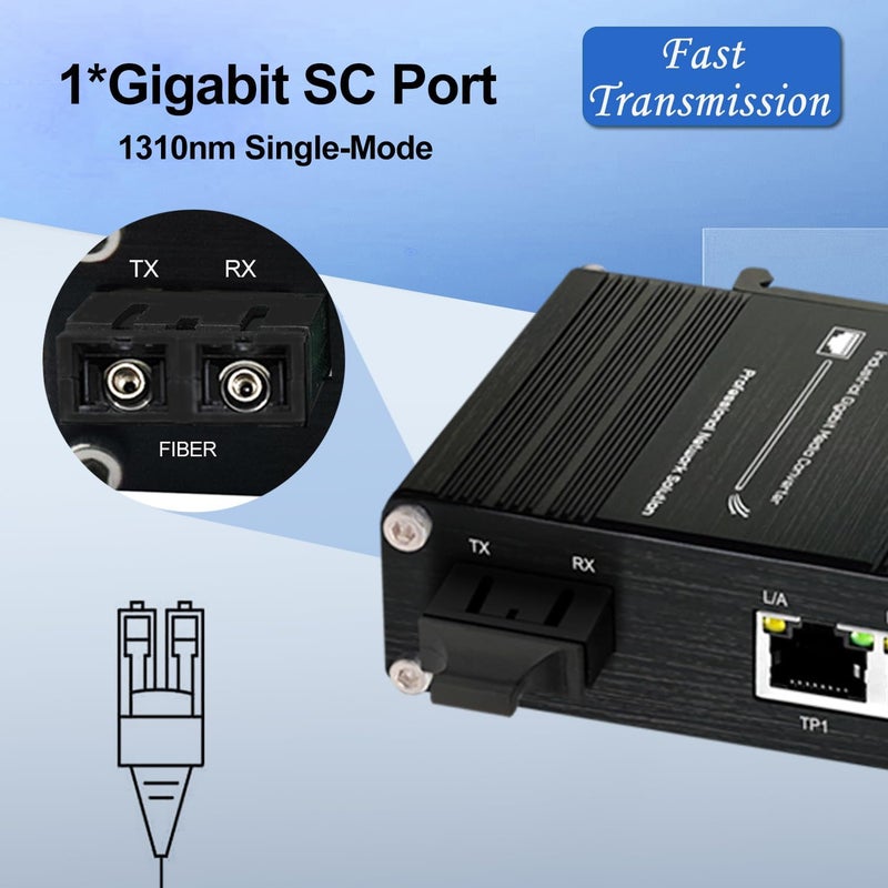 Lcantve Industrial 1.25G SC Fiber to Ethernet Media Converter Up to 20KM, 1x1310nm Single-Mode SC Port to 2X 10/100/1000Base-T RJ45 Gigabit 2 Port Fiber Switch, 12~48V DC Power Input，DIN-Rail Support - Image 2